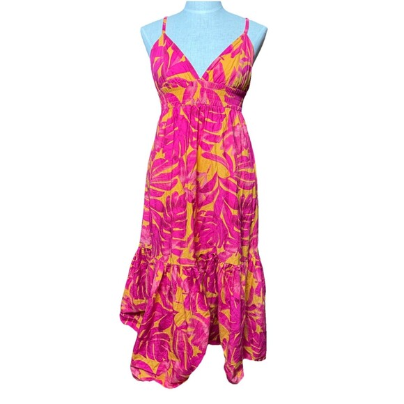 Dress Forum LA Palm Print Tiered Dress Orange + Pink Adjustable Straps Medium - Picture 1 of 10